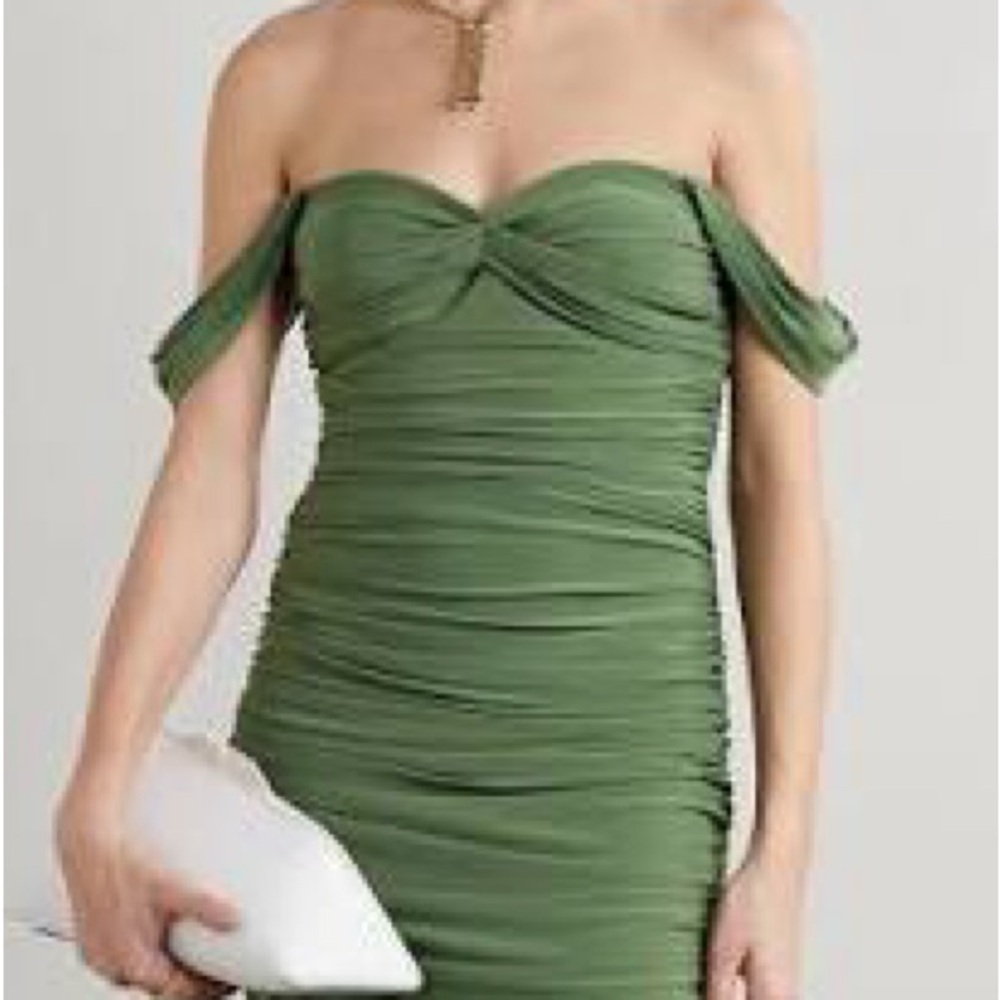 Norma Kamali Walter Dress - Olive Green Ruched Midi Dress celadon - Picture 2 of 6